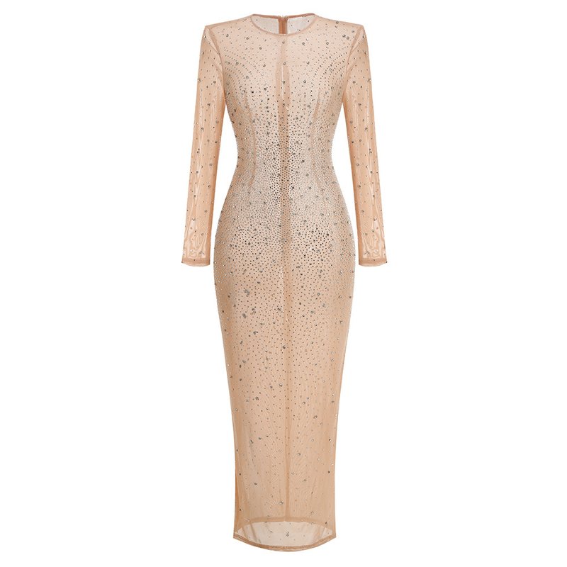 Beige Embellished Long Sleeve Maxi Dress H6714