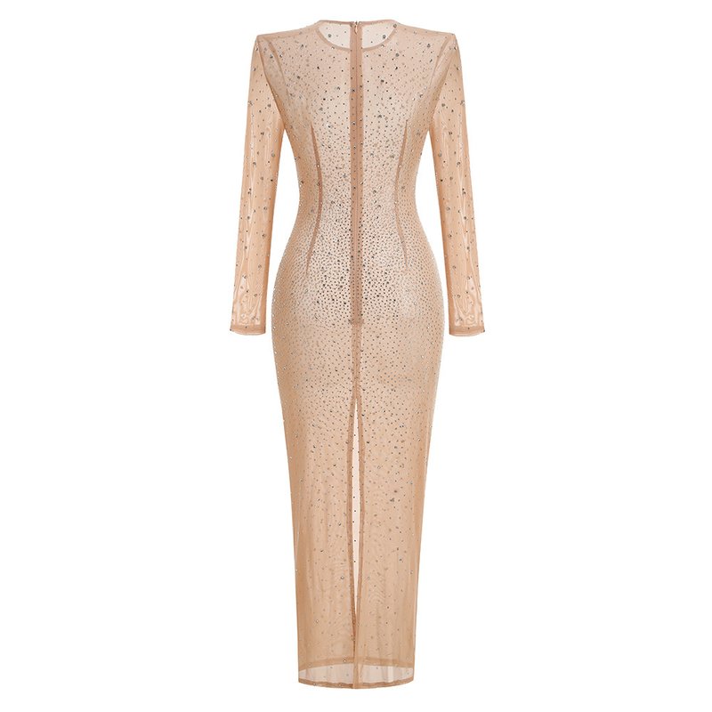 Beige Embellished Long Sleeve Maxi Dress H6714