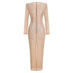 Beige Embellished Long Sleeve Maxi Dress H6714