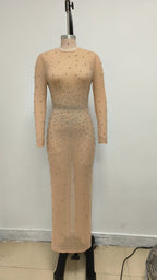 Beige Embellished Long Sleeve Maxi Dress H6714