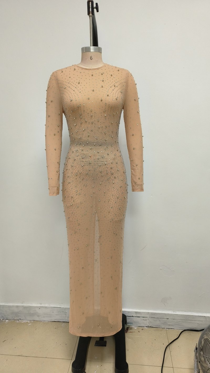 Beige Embellished Long Sleeve Maxi Dress H6714