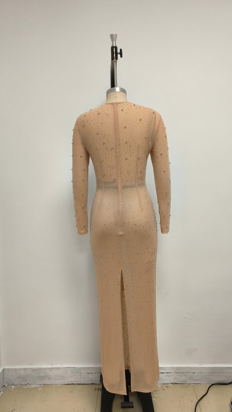 Beige Embellished Long Sleeve Maxi Dress H6714