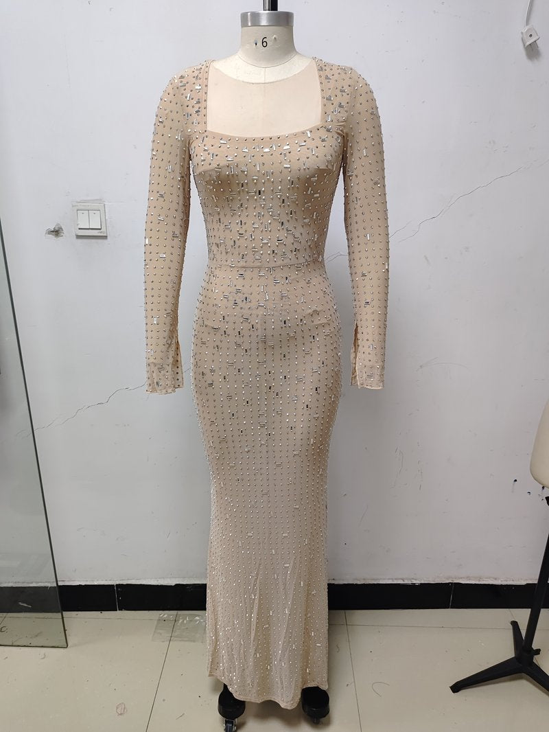 Beige Sequin Long Sleeve Maxi Dress H6270