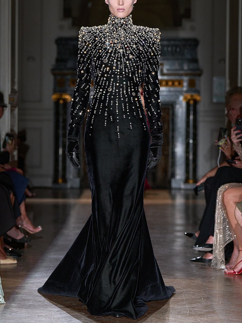 Bejeweled High Neck Velvet Gown H6746
