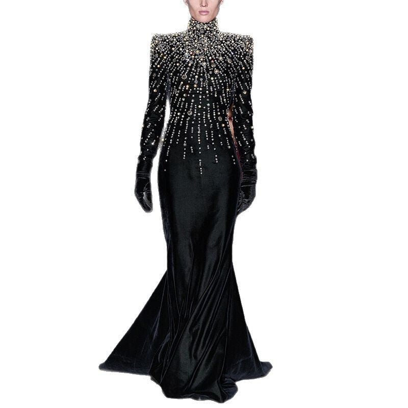 Bejeweled High Neck Velvet Gown H6746