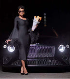 Bell Sleeve Feather Trim Midi Dress H6084