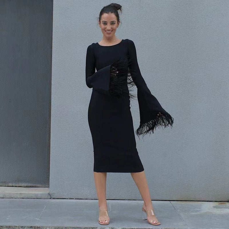 Bell Sleeve Feather Trim Midi Dress H6084