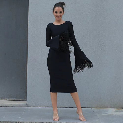 Bell Sleeve Feather Trim Midi Dress H6084