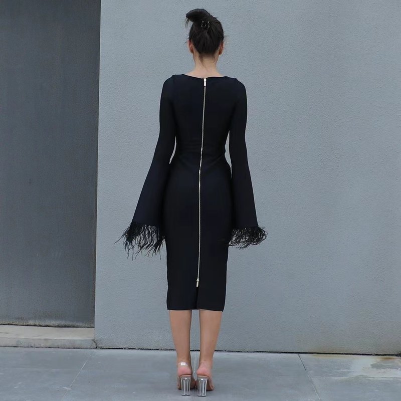 Bell Sleeve Feather Trim Midi Dress H6084