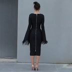 Bell Sleeve Feather Trim Midi Dress H6084