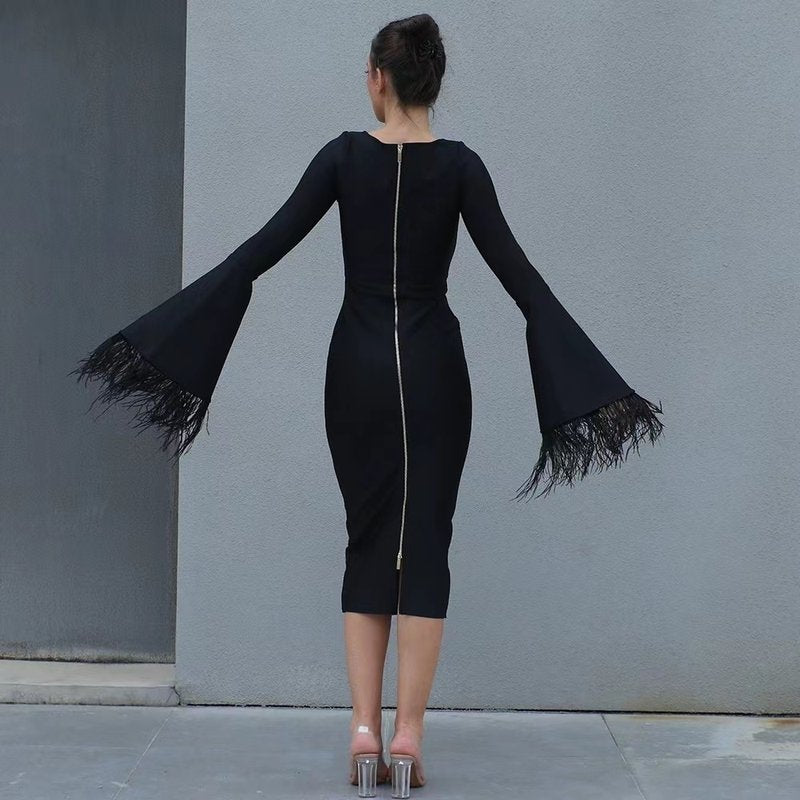 Bell Sleeve Feather Trim Midi Dress H6084