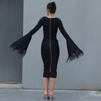 Bell Sleeve Feather Trim Midi Dress H6084