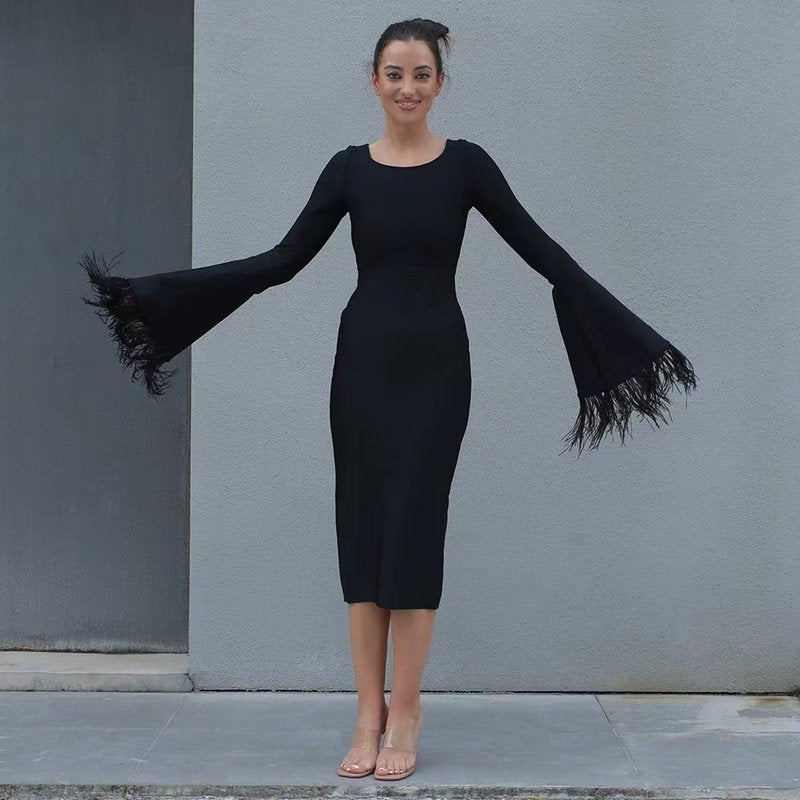 Bell Sleeve Feather Trim Midi Dress H6084
