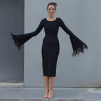 Bell Sleeve Feather Trim Midi Dress H6084