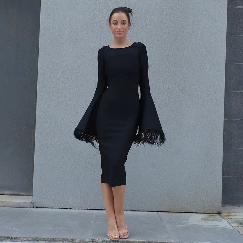 Bell Sleeve Feather Trim Midi Dress H6084