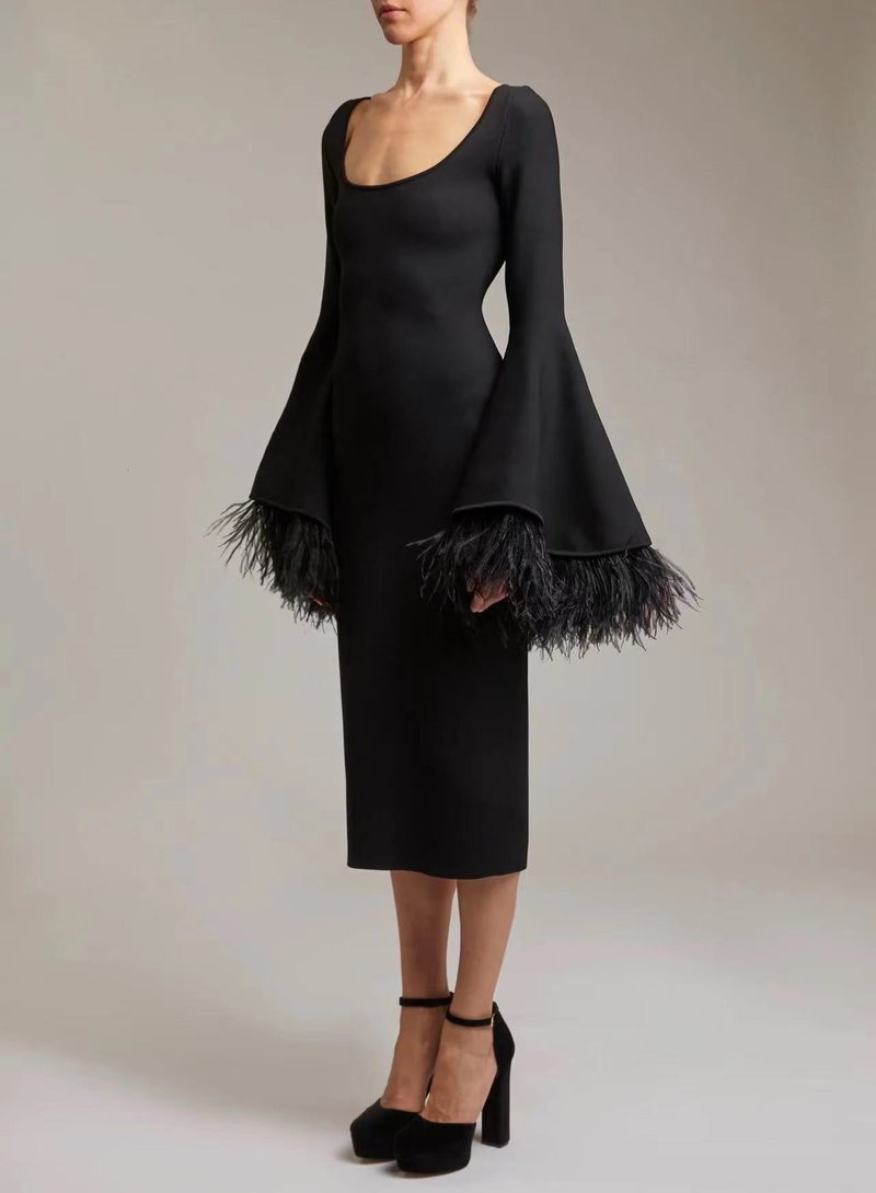 Bell Sleeve Feather Trim Midi Dress H6084