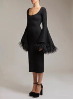 Bell Sleeve Feather Trim Midi Dress H6084