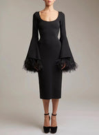 Bell Sleeve Feather Trim Midi Dress H6084