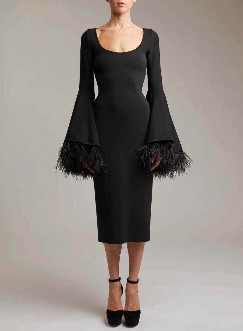 Bell Sleeve Feather Trim Midi Dress H6084