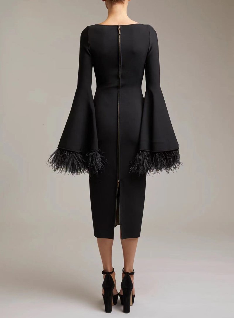 Bell Sleeve Feather Trim Midi Dress H6084