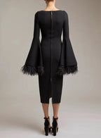 Bell Sleeve Feather Trim Midi Dress H6084