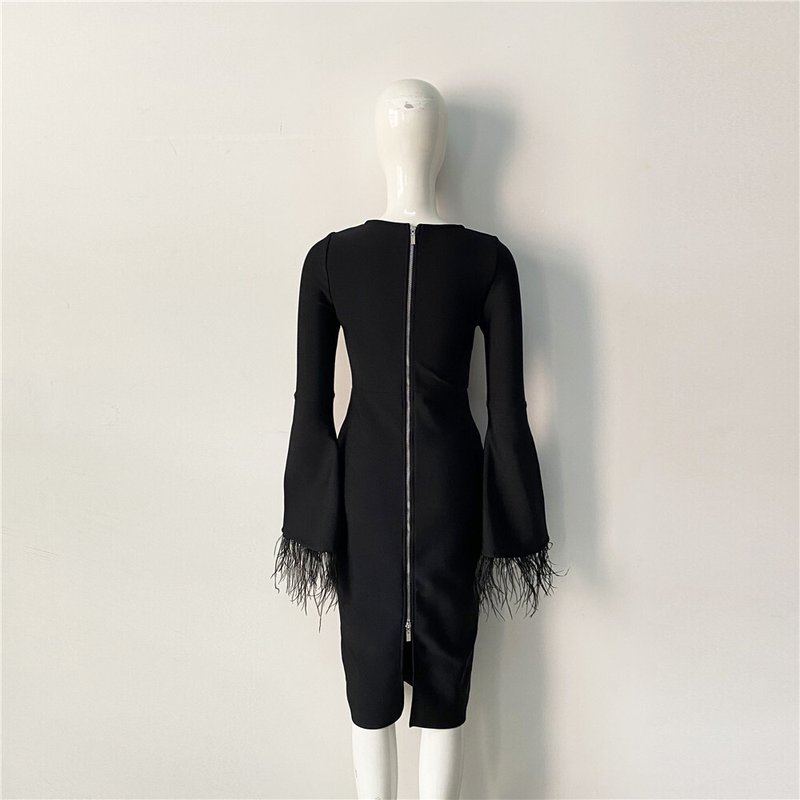 Bell Sleeve Feather Trim Midi Dress H6084