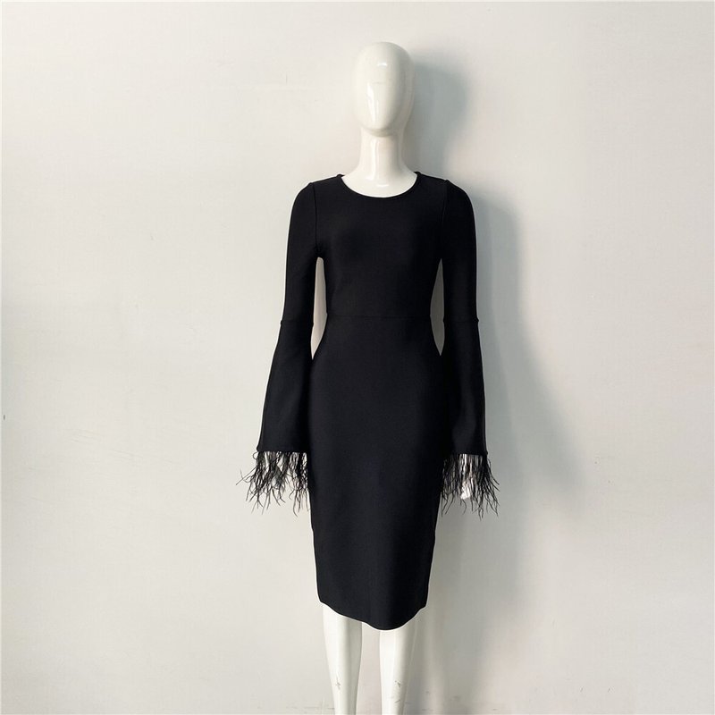 Bell Sleeve Feather Trim Midi Dress H6084
