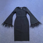 Bell Sleeve Feather Trim Midi Dress H6084