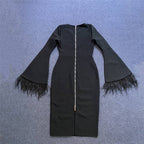 Bell Sleeve Feather Trim Midi Dress H6084