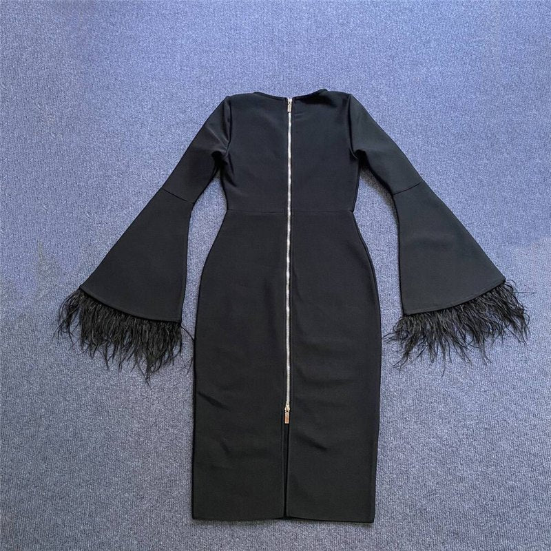 Bell Sleeve Feather Trim Midi Dress H6084