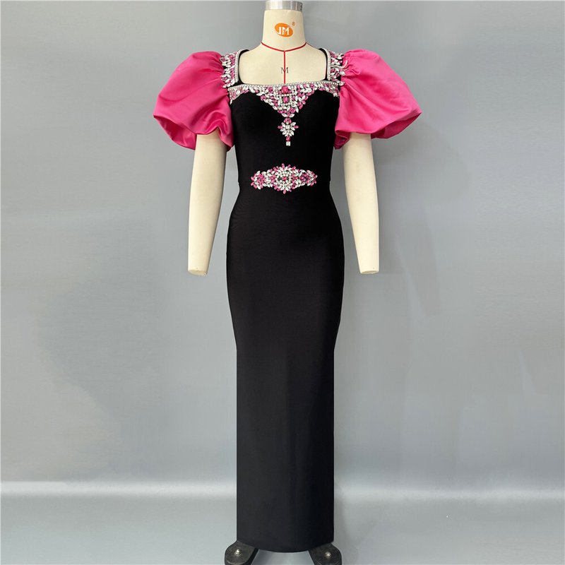 Black and Pink Puff Sleeve Gown H6757