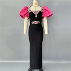 Black and Pink Puff Sleeve Gown H6757