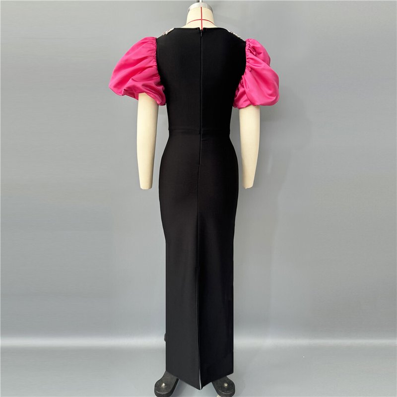 Black and Pink Puff Sleeve Gown H6757