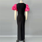 Black and Pink Puff Sleeve Gown H6757
