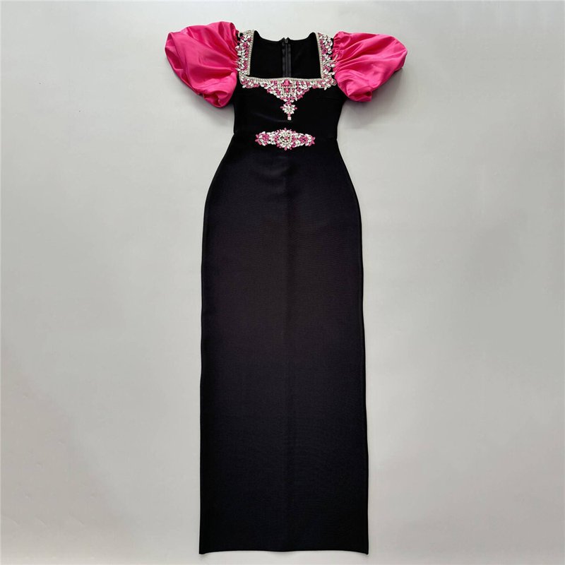 Black and Pink Puff Sleeve Gown H6757