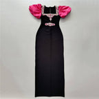 Black and Pink Puff Sleeve Gown H6757