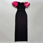 Black and Pink Puff Sleeve Gown H6757