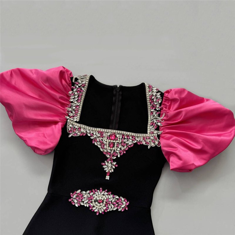 Black and Pink Puff Sleeve Gown H6757