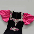 Black and Pink Puff Sleeve Gown H6757