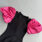Black and Pink Puff Sleeve Gown H6757