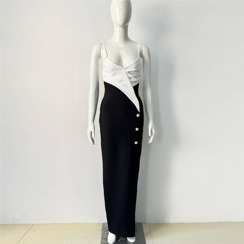 Black and White Button Front Maxi Dress H6415