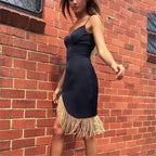 Black Asymmetric Fringe Mini Dress H6137