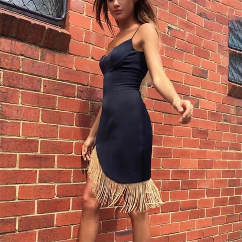 Black Asymmetric Fringe Mini Dress H6137