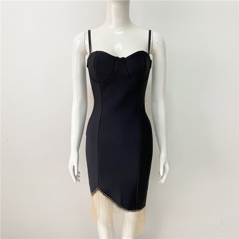 Black Asymmetric Fringe Mini Dress H6137