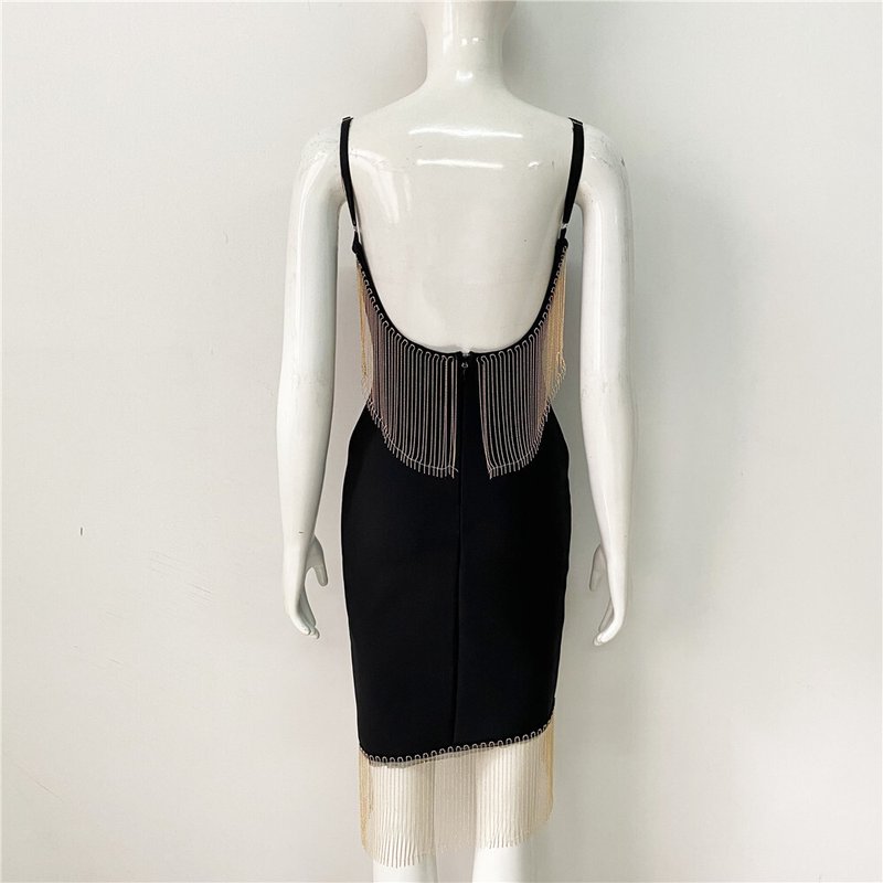 Black Asymmetric Fringe Mini Dress H6137
