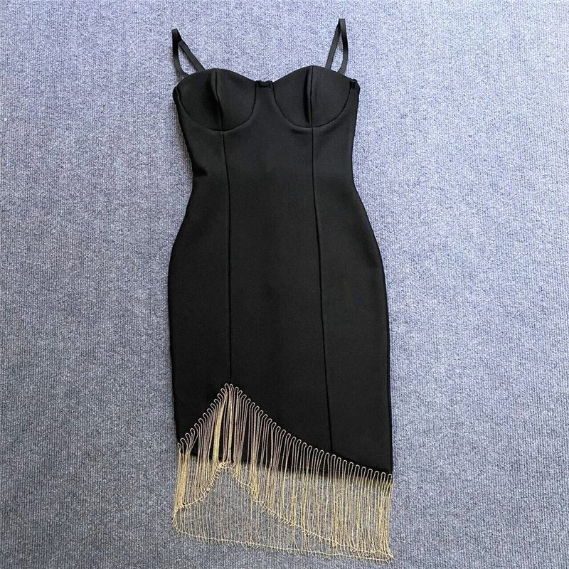 Black Asymmetric Fringe Mini Dress H6137
