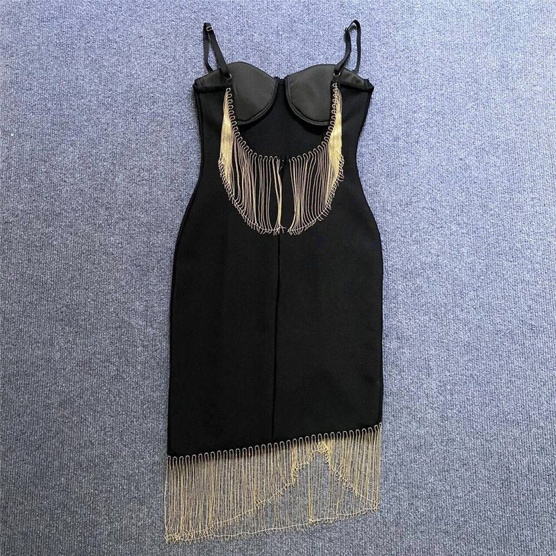 Black Asymmetric Fringe Mini Dress H6137