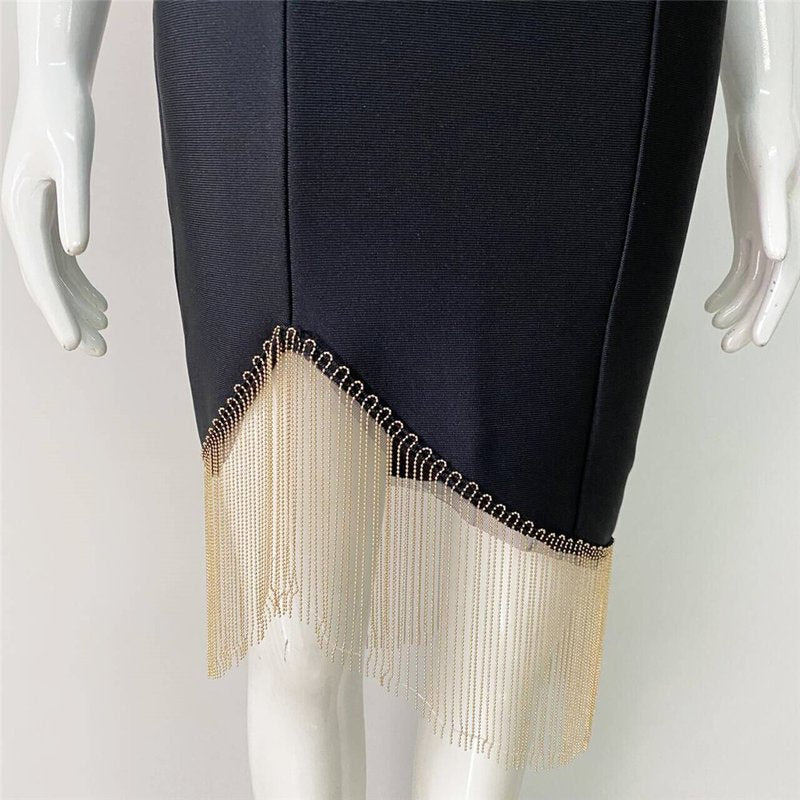 Black Asymmetric Fringe Mini Dress H6137