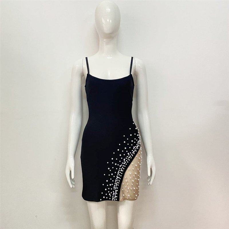 Black Asymmetrical Pearl Mini Dress H6030