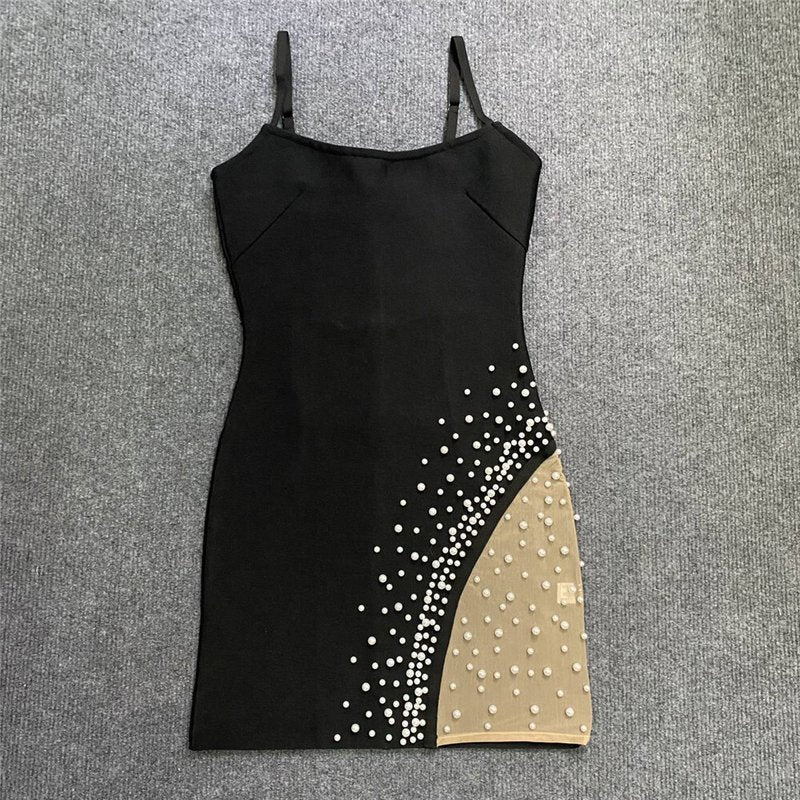 Black Asymmetrical Pearl Mini Dress H6030